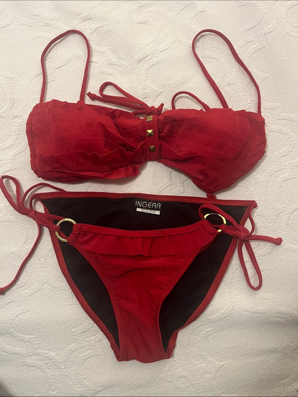 Ingear Red Ruffle Stud Bandeau Bikini Set